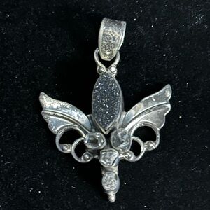 925 Sterling Silver Ornate Pendant Black Druzy Raw Quartz Clear Accent Stones